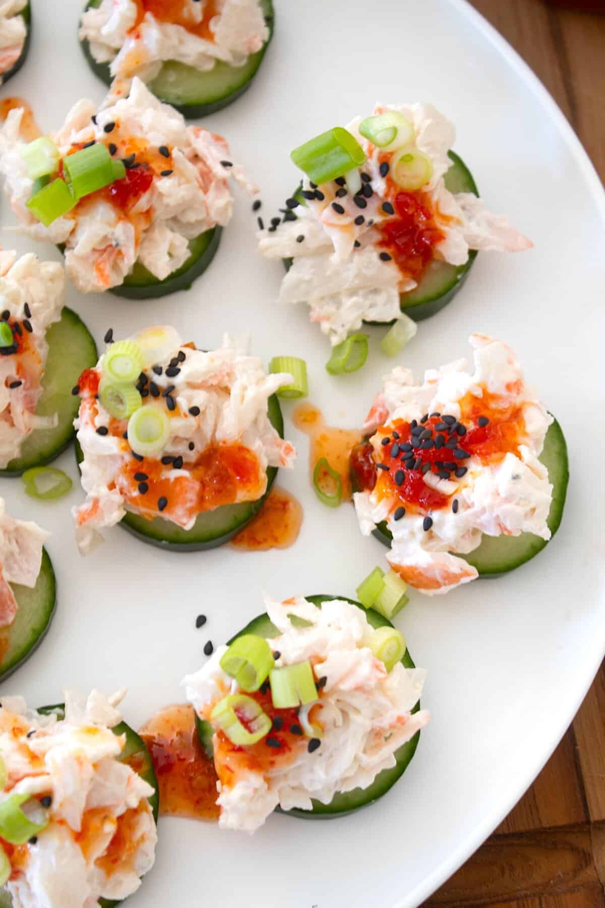 overhead view of cucumber crab salad