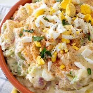 overhead view of mashed potato salad
