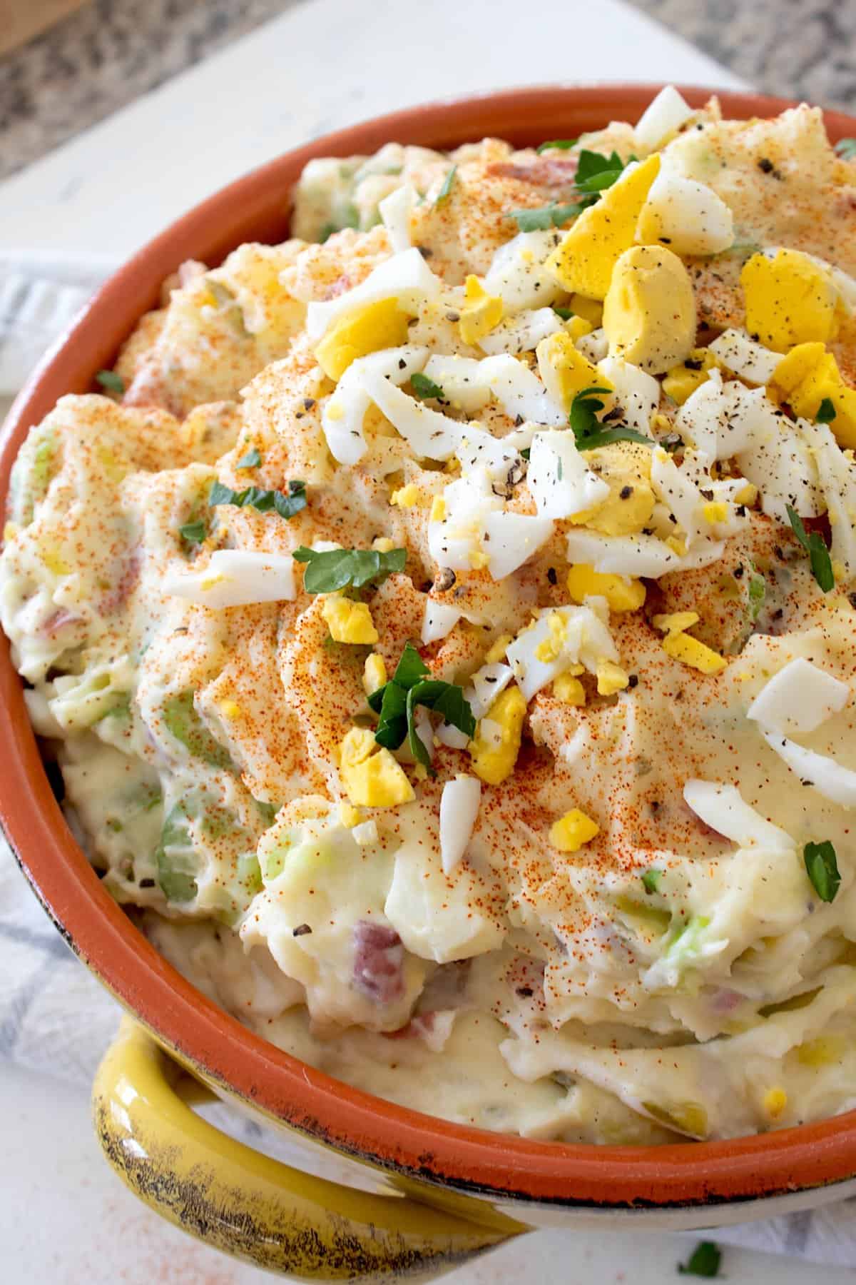 overhead view of mashed potato salad