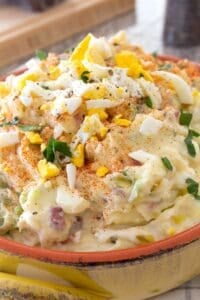 front view of a bowl of potato salad