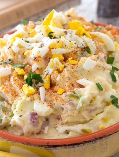 front view of a bowl of potato salad