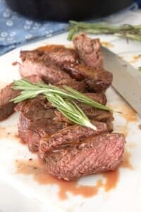 overhead view of sliced steak