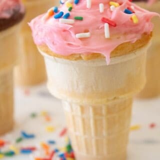 overhead view of cupcake filled ice cream cones