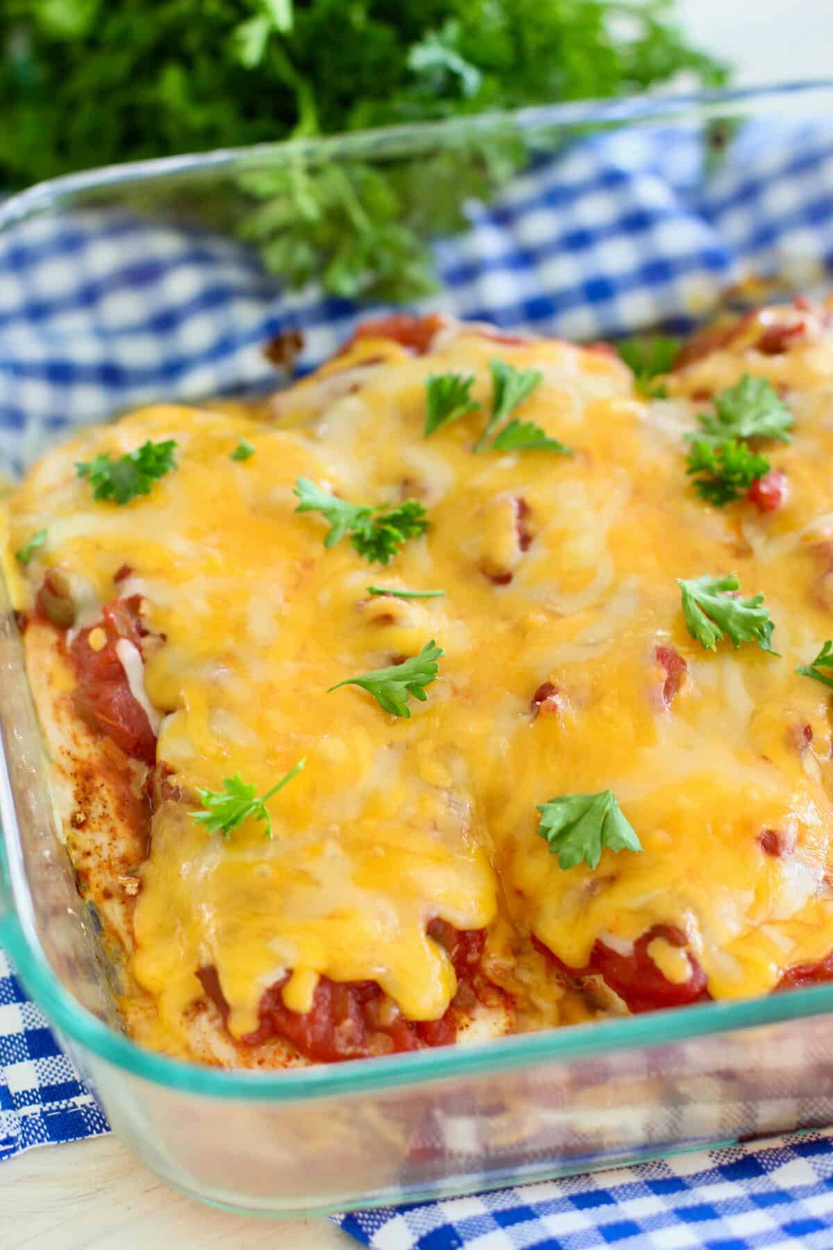 oven baked salsa chicken in a casserole