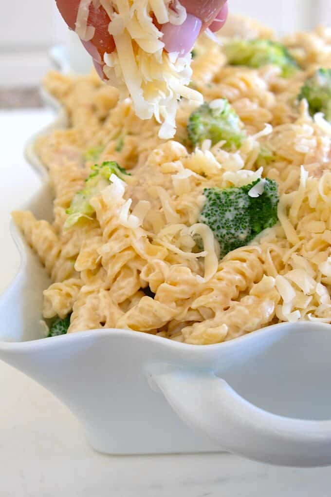 adding Swiss cheese to casserole dish
