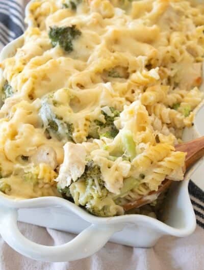 overhead view of casserole in a white pan