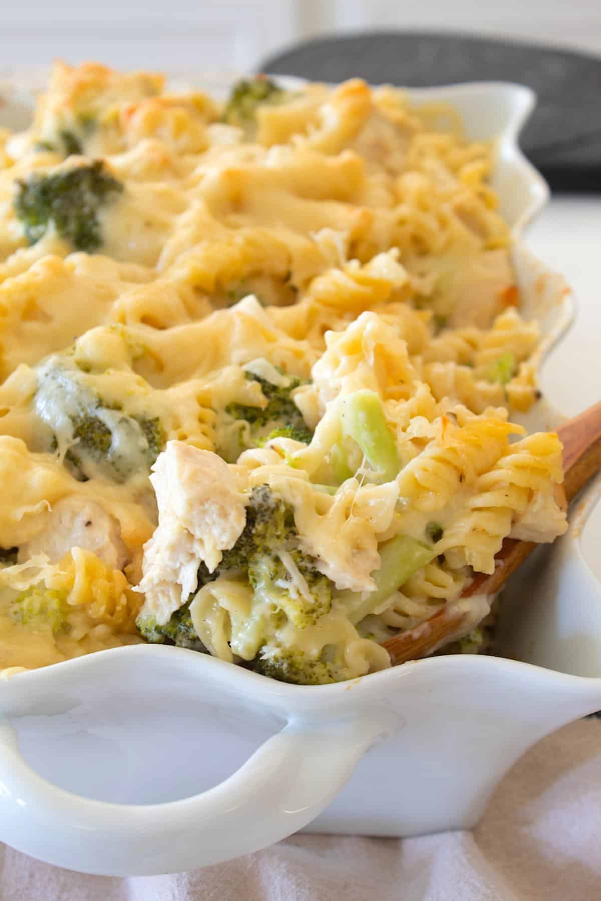 spoonful of chicken casserole with broccoli