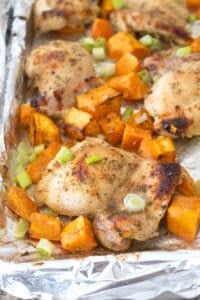 overhead view of chicken with sweet potatoes