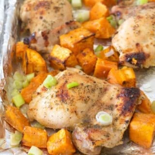 overhead view of chicken with sweet potatoes