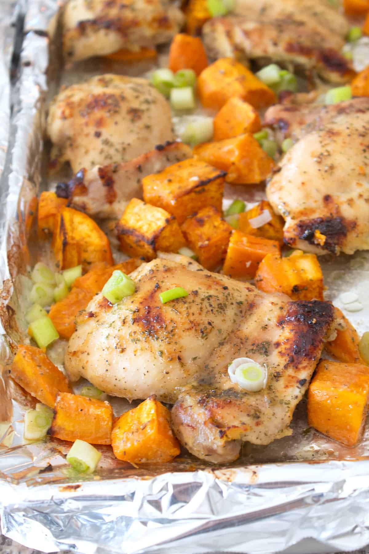 overhead view of chicken with sweet potatoes