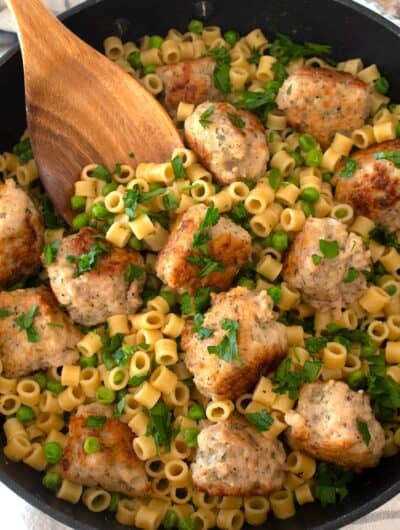 overhead view of ditalini in a pan