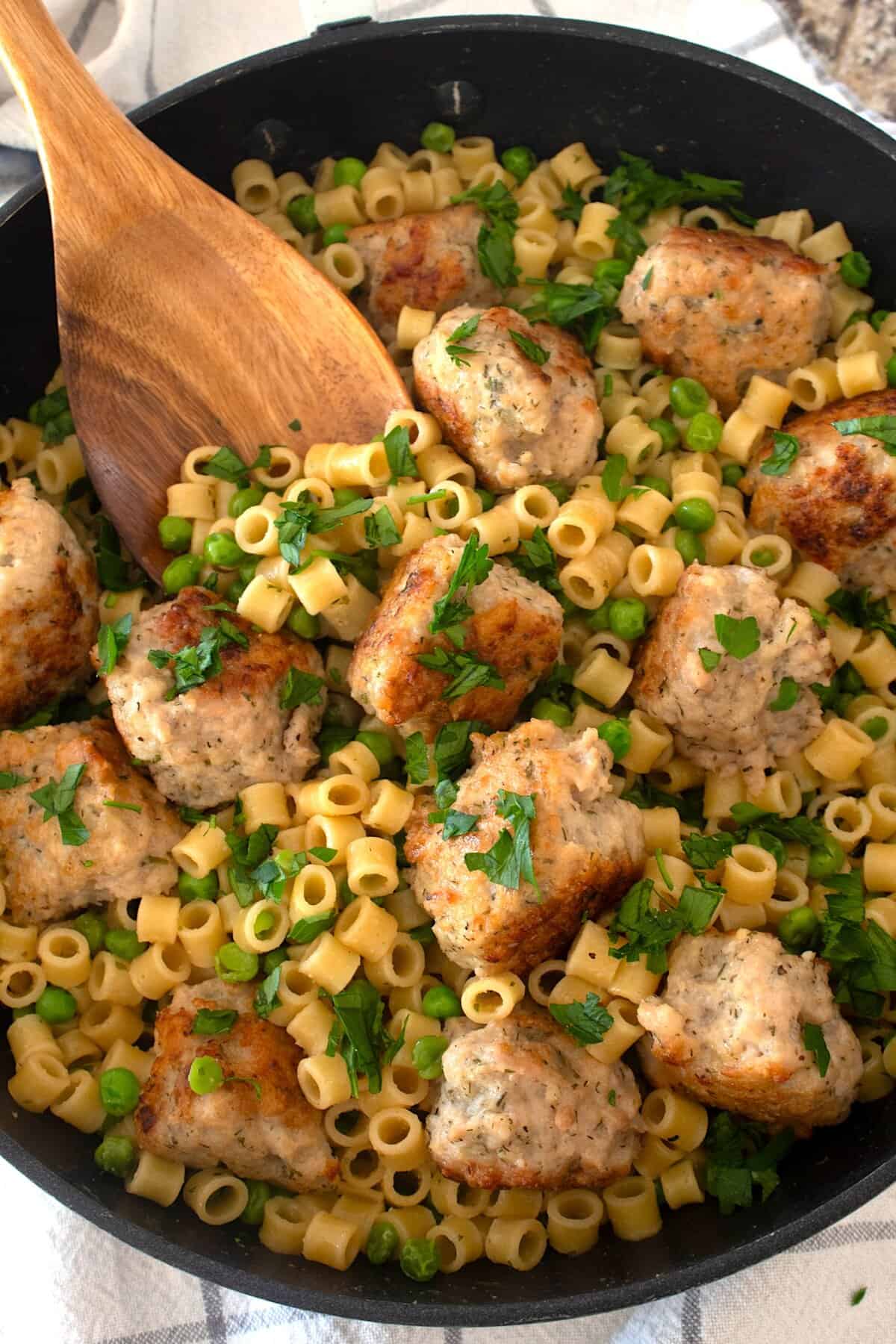 overhead view of ditalini in a pan