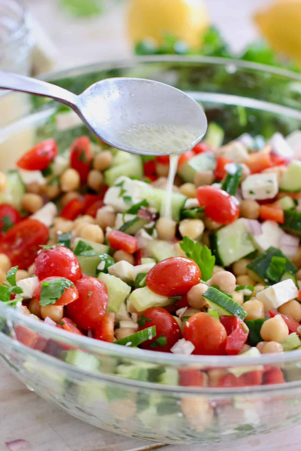 Mediterranean Chickpea Salad with a drizzle of lemon dressing