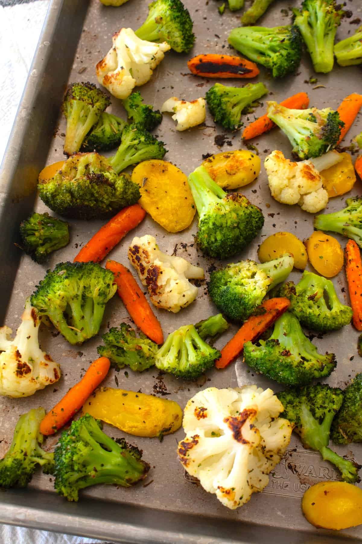 overhead view of frozen vegetables on a sheet pan
