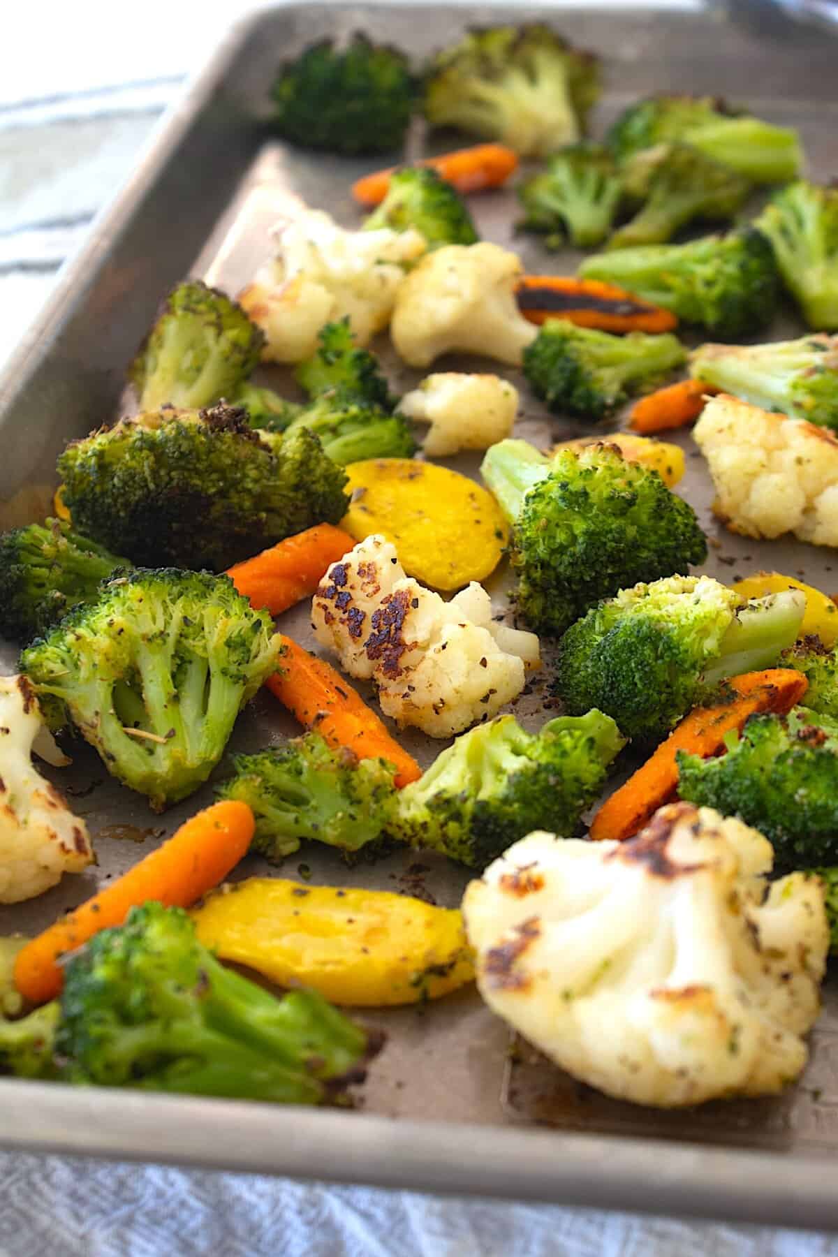 frozen vegetables up close roasted on a pan