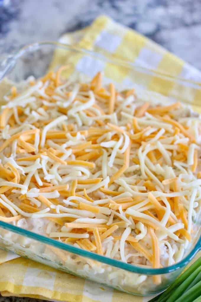 cheese topped corn dip ready to bake