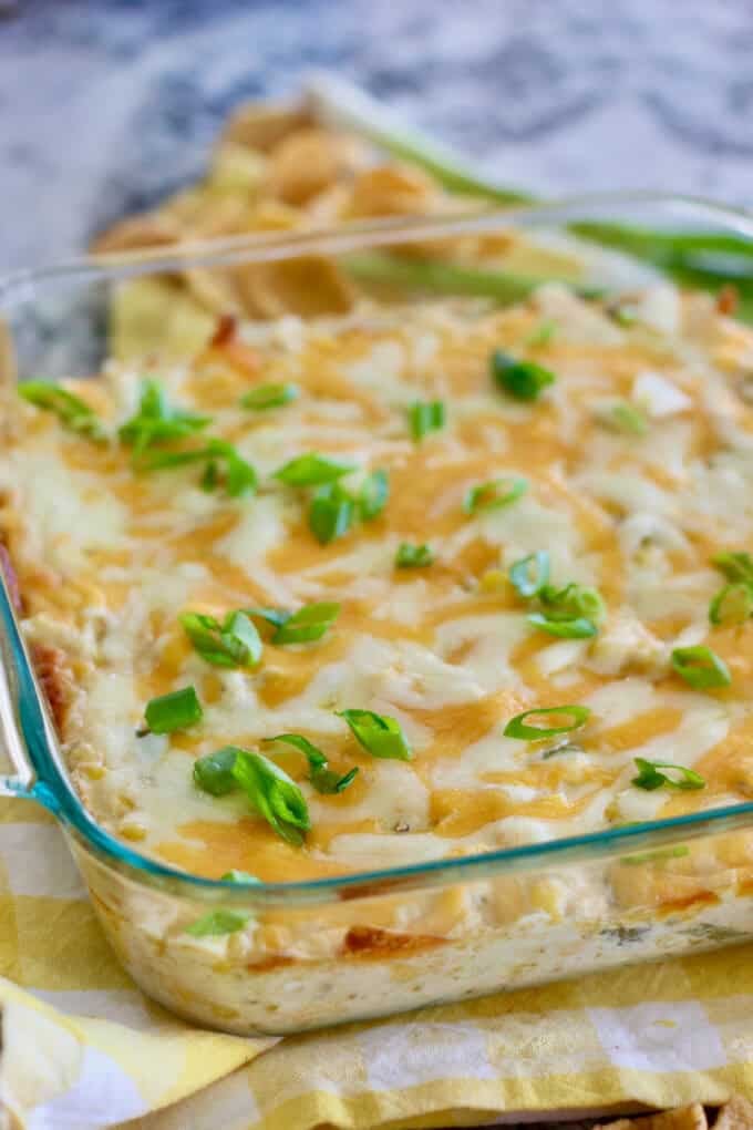 hot corn dip just out of the oven in an 8 x 8 pan