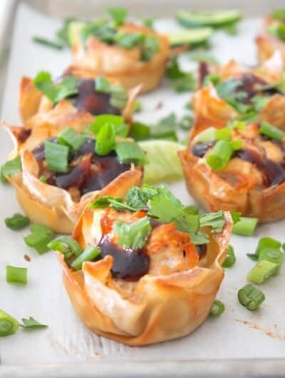 banh mi wonton cups on a parchment lined platter