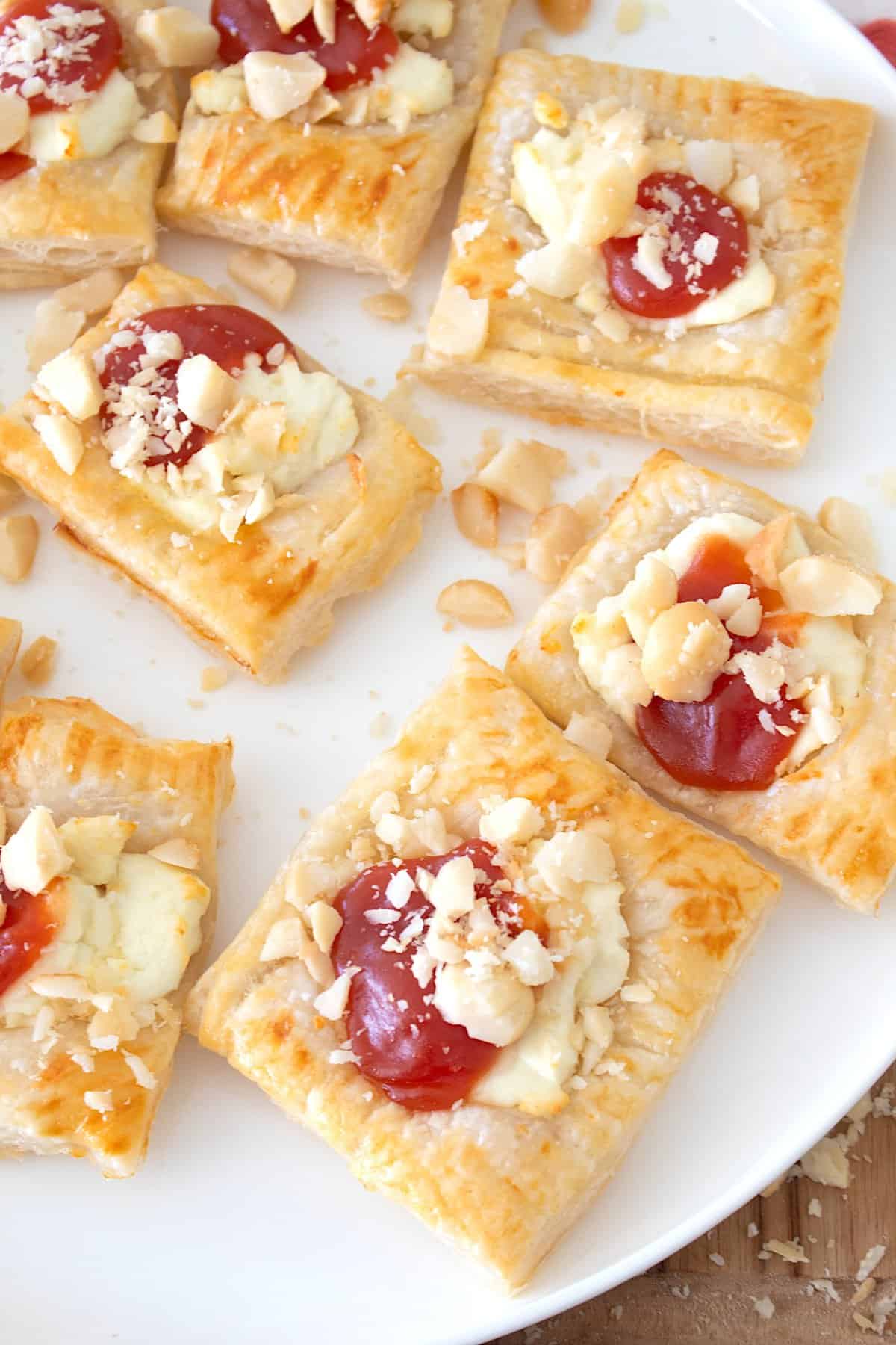 overhead view of goat cheese puff pastry tart