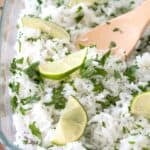 cilantro lime rice in glass casserole dish
