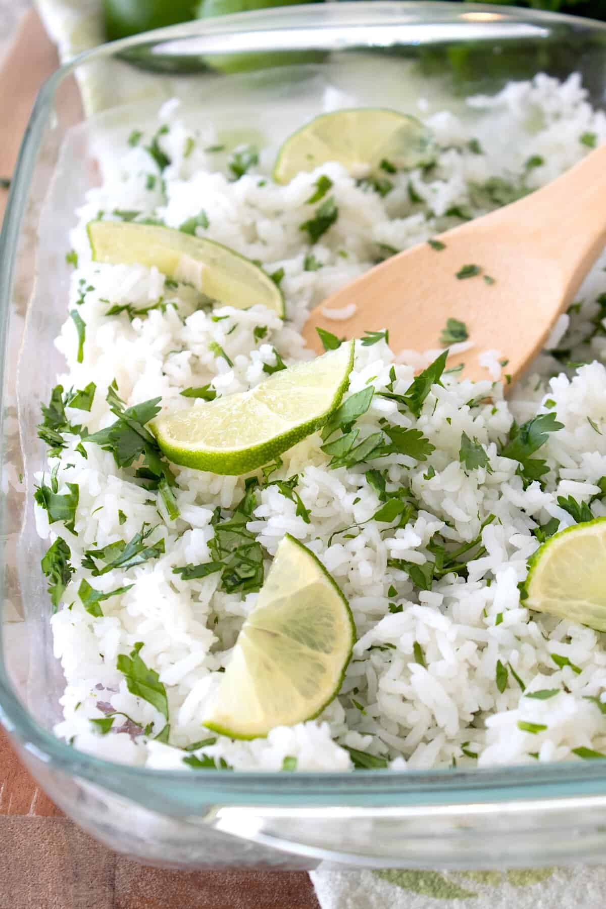 cilantro lime rice in glass casserole dish