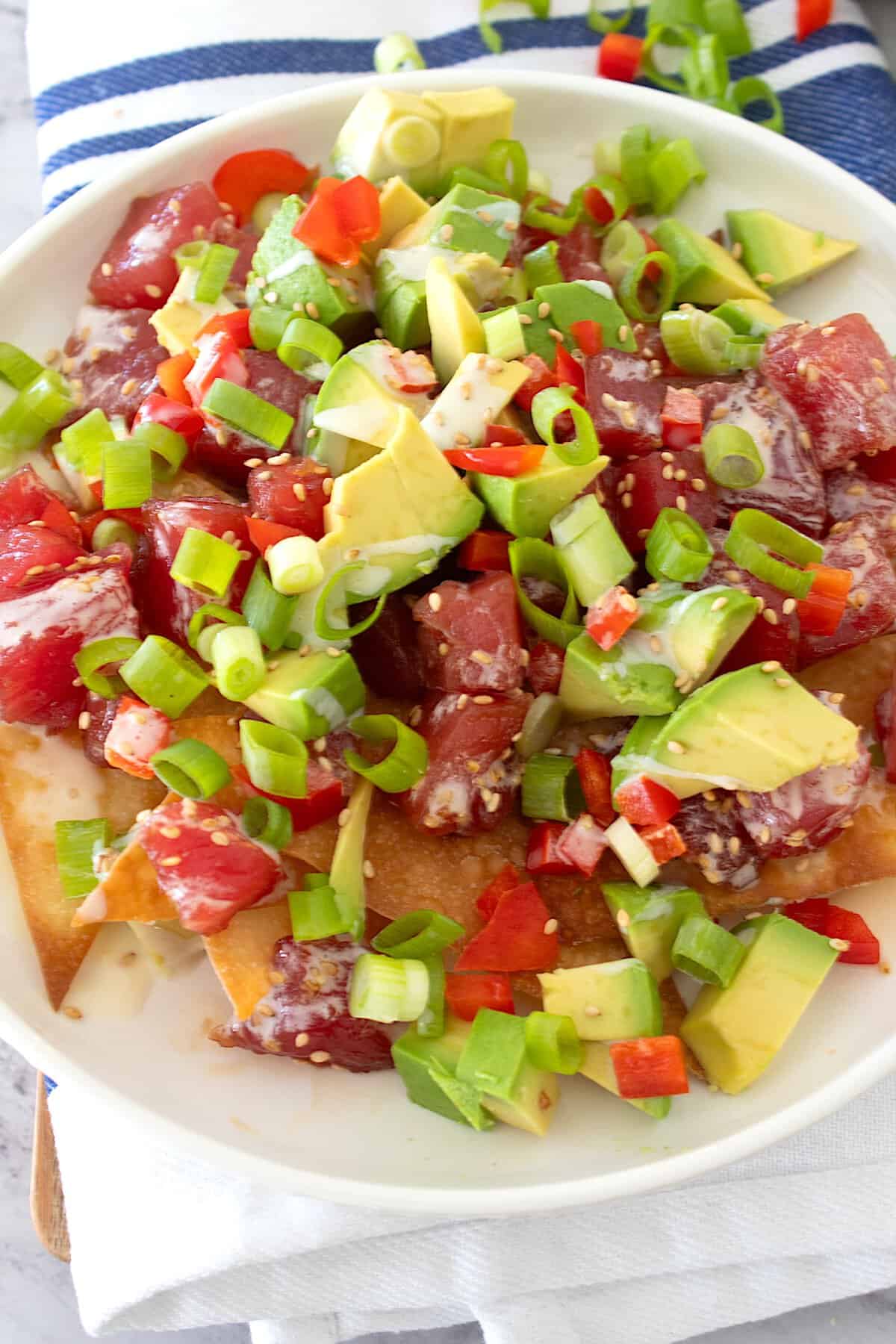 overhead view of poke nachos