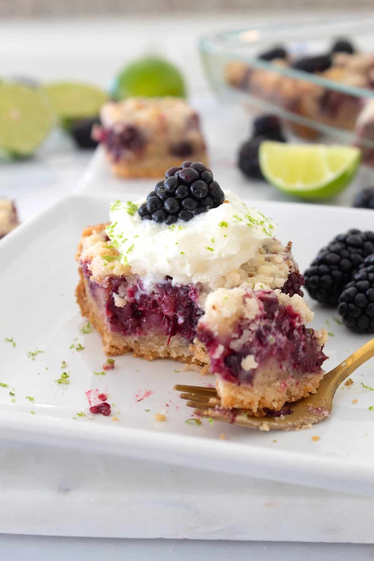 closeup of blackberry pie bar on a white plate