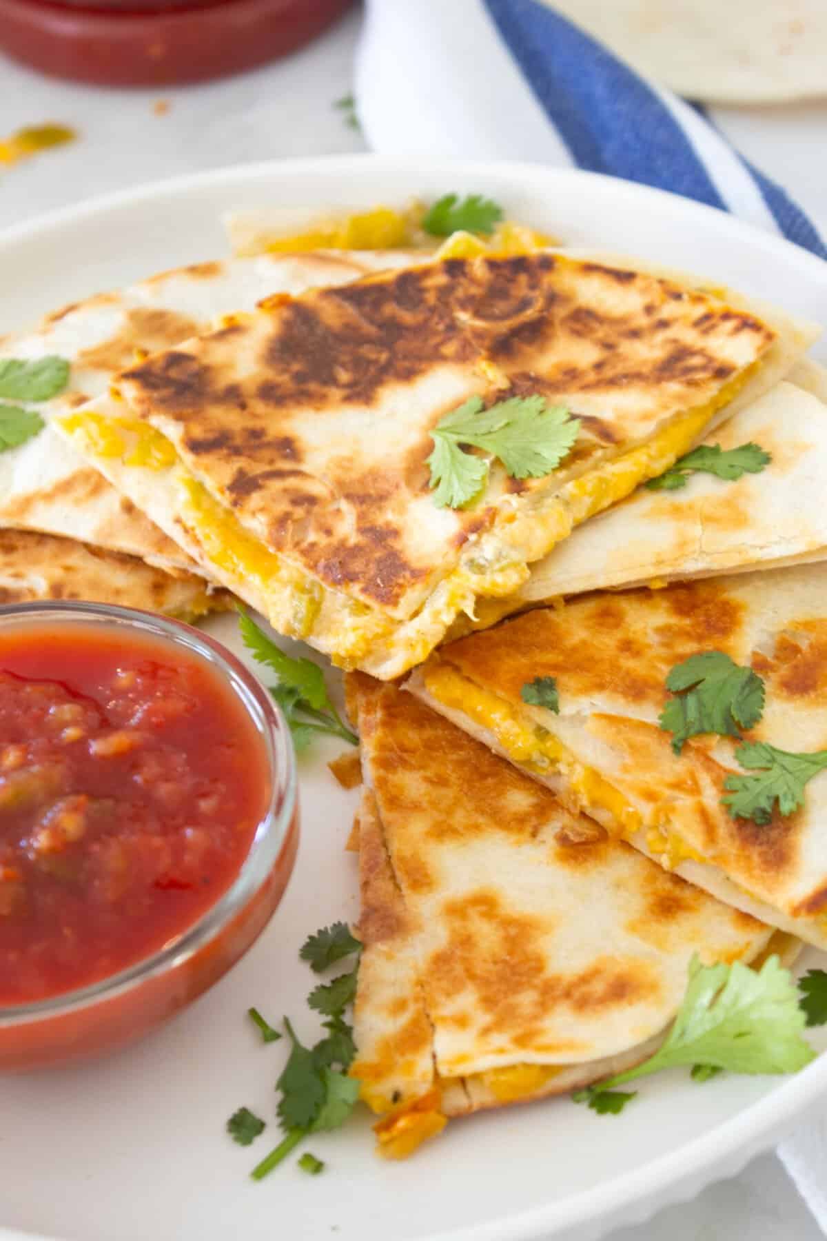 quesadilla on a plate with salsa and cilantro
