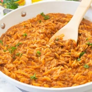 side view of beefy tomato orzo in a pan