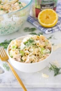 tuna pastas salad in a white dish
