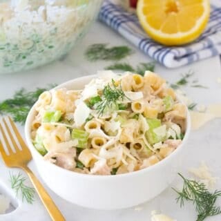 tuna pastas salad in a white dish