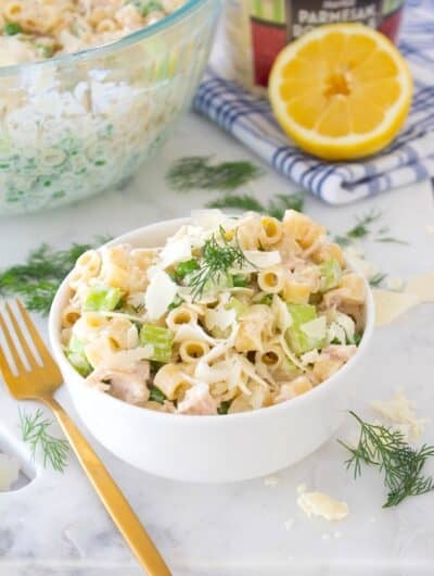 tuna pastas salad in a white dish