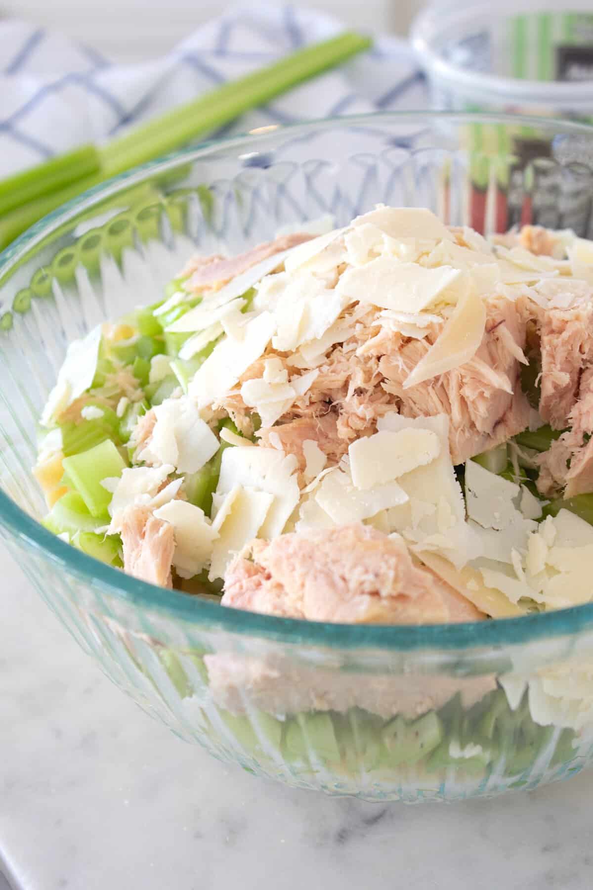 tuna pasta salad ingredients in a large bowl