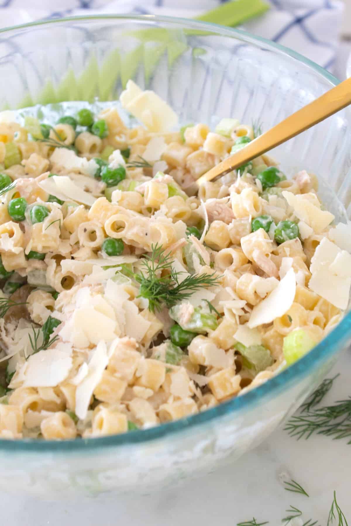 tuna pasta salad in mixing bowl
