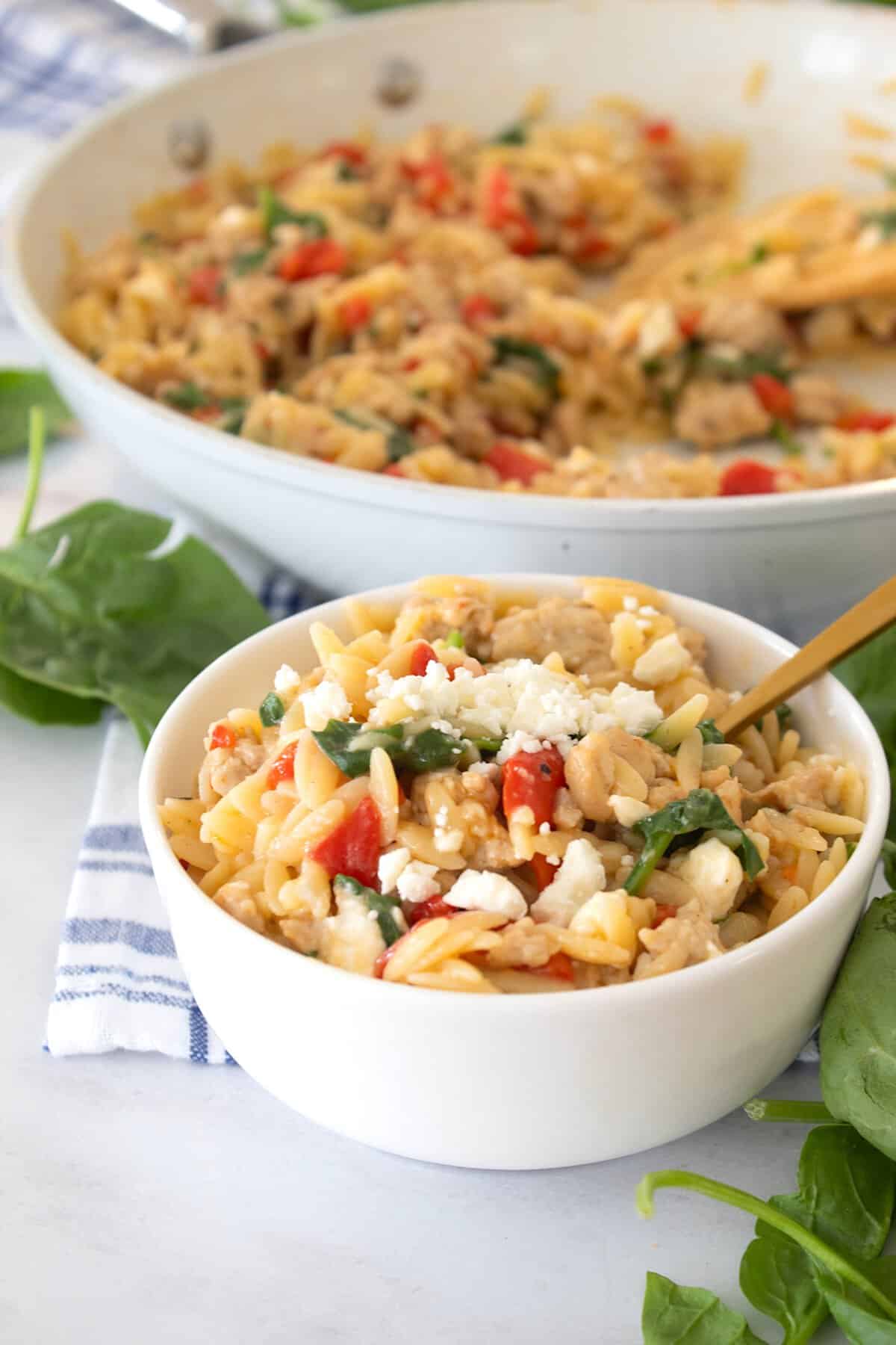 tuscan orzo skillet in a bowl