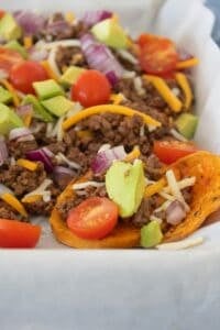 front view of sheet pan sweet potato nachos