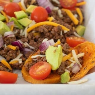 front view of sheet pan sweet potato nachos