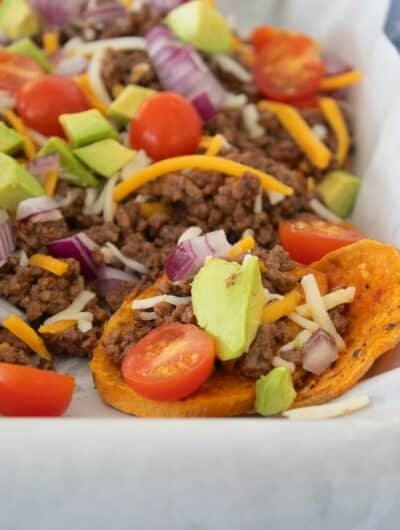 front view of sheet pan sweet potato nachos