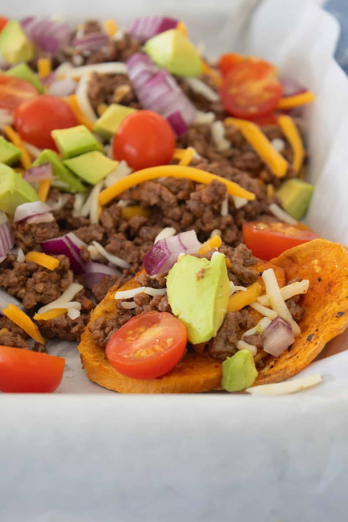front view of sheet pan sweet potato nachos