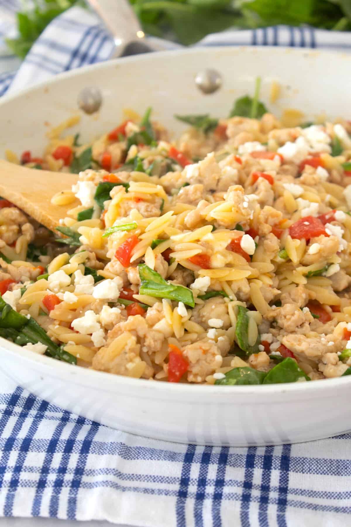orzo skillet in a white pan