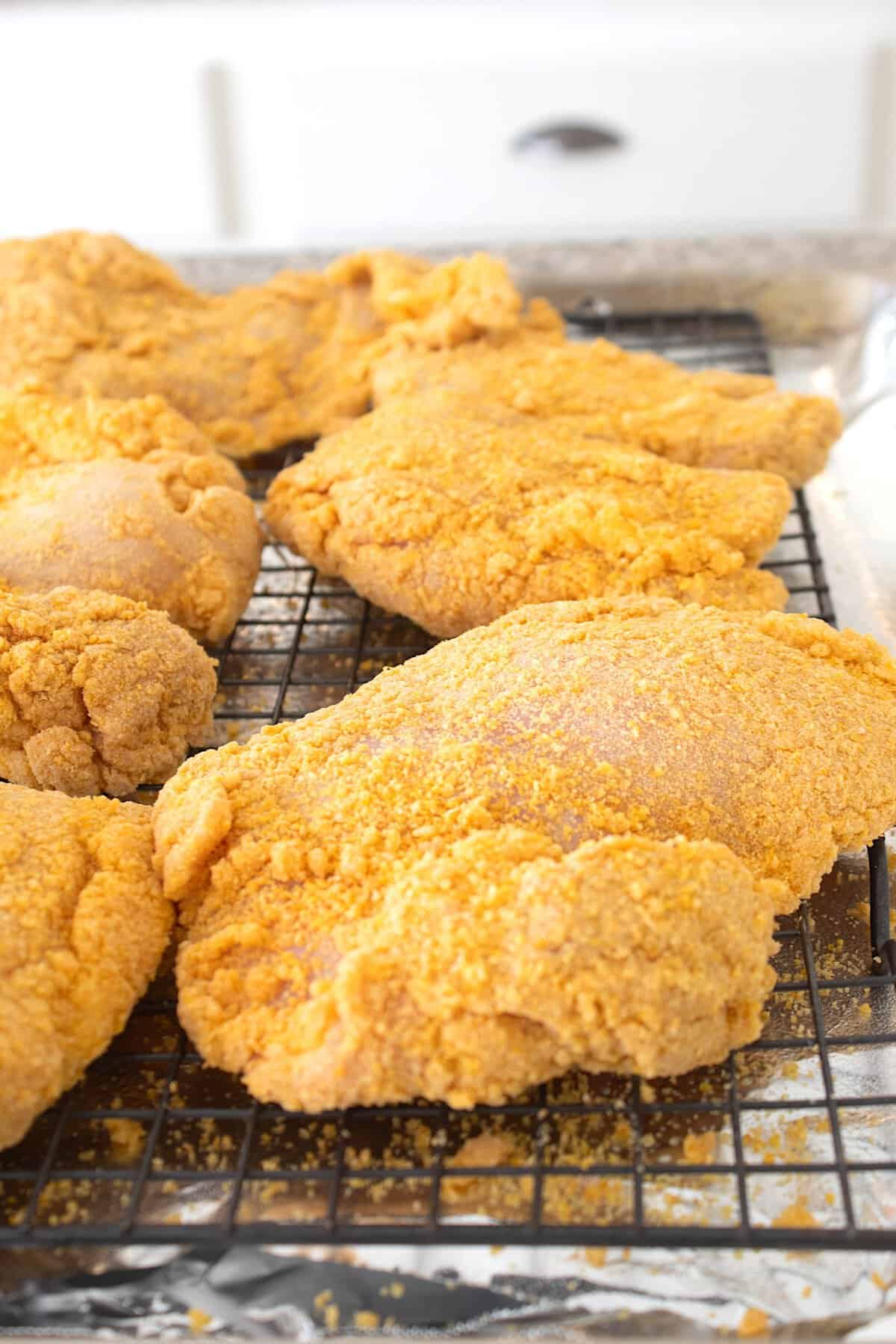 corn flake crusted chicken before baking