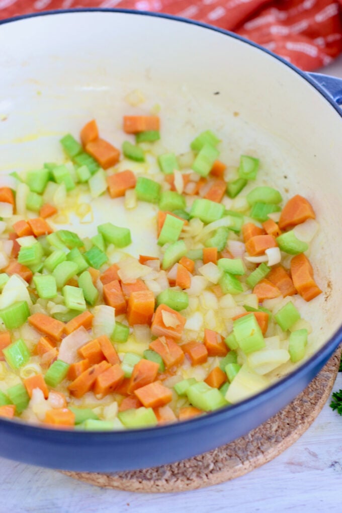 saute onions, celery and carrots in a large skillet