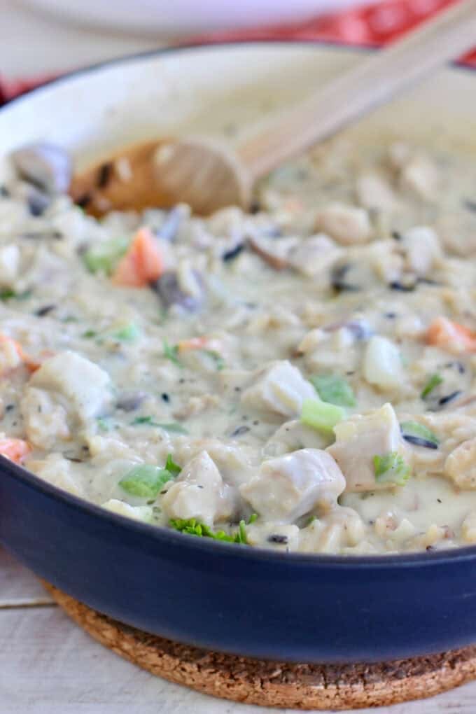 chicken and wild rice casserole in a skillet