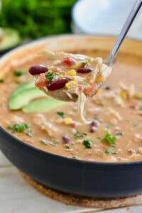 A pot of chicken enchilada soup.