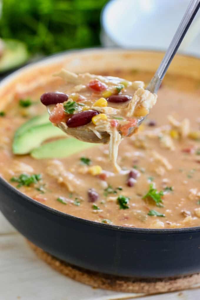A pot of chicken enchilada soup.