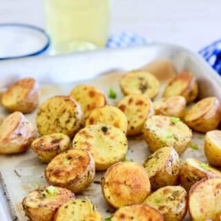 Perfectly roasted baby potataoes on a sheet pan