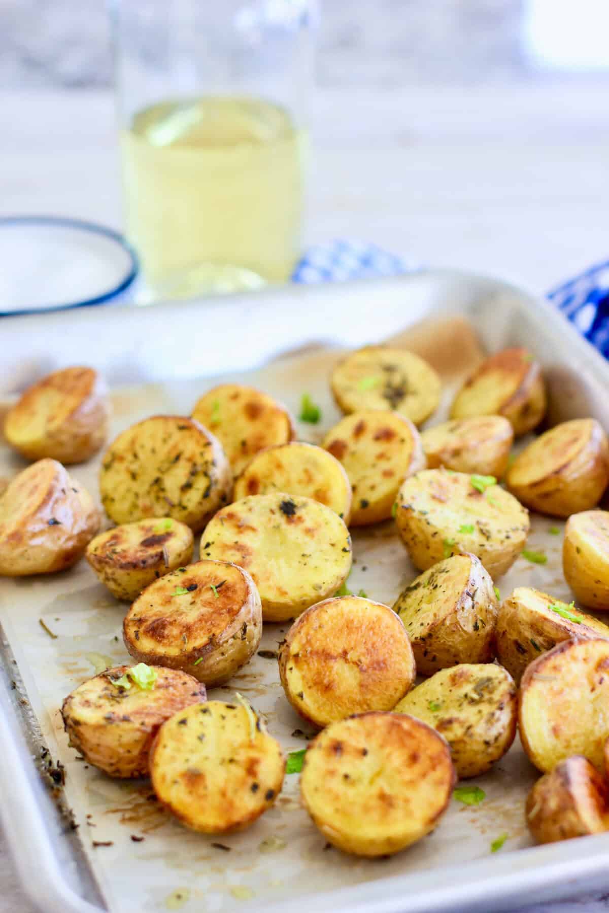 Perfectly roasted baby potataoes on a sheet pan