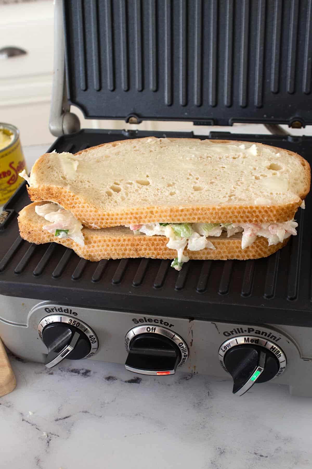 crab rangoon grilled cheese on a panini press